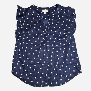 Maison Jules Navy Blue White Polka Dot Flutter Sleeve Blouse Womens Small